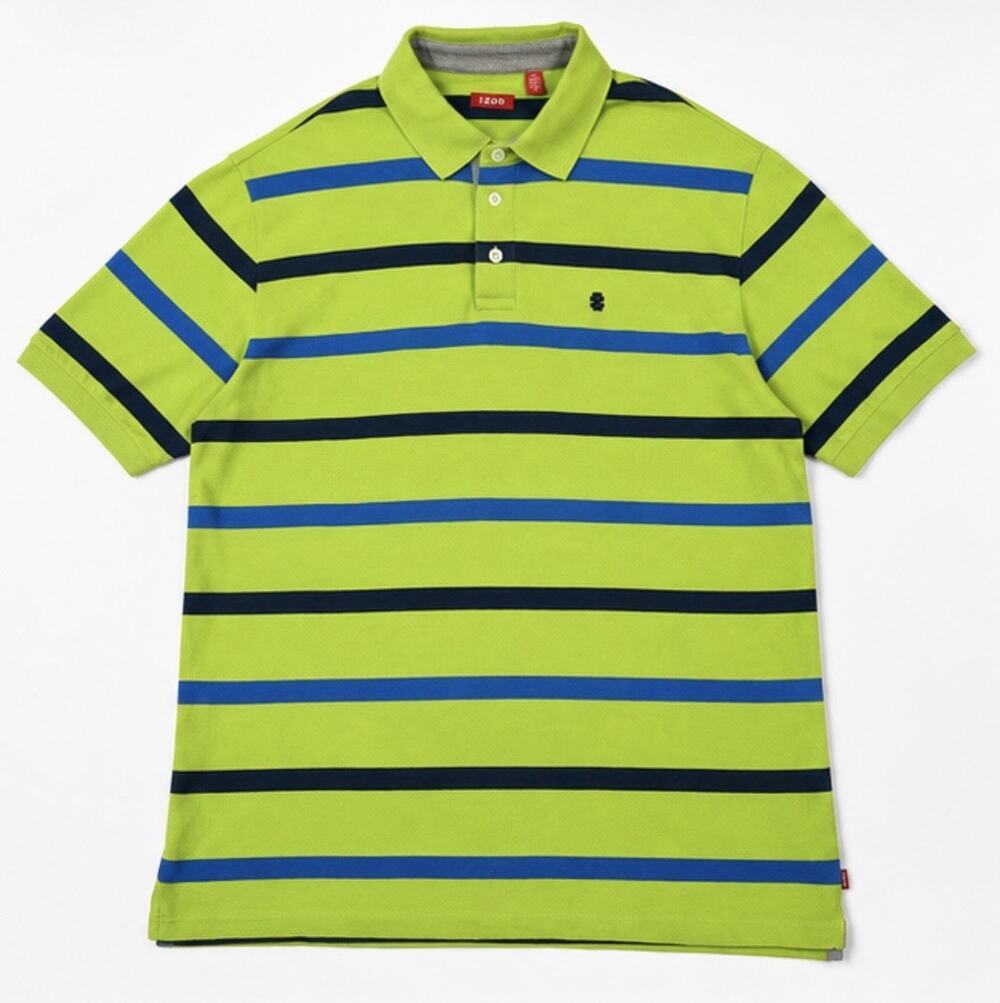 IZOD Polo Shirt Mens XL Green Blue Striped Short Sleeve Cotton Casual Golf 23x30